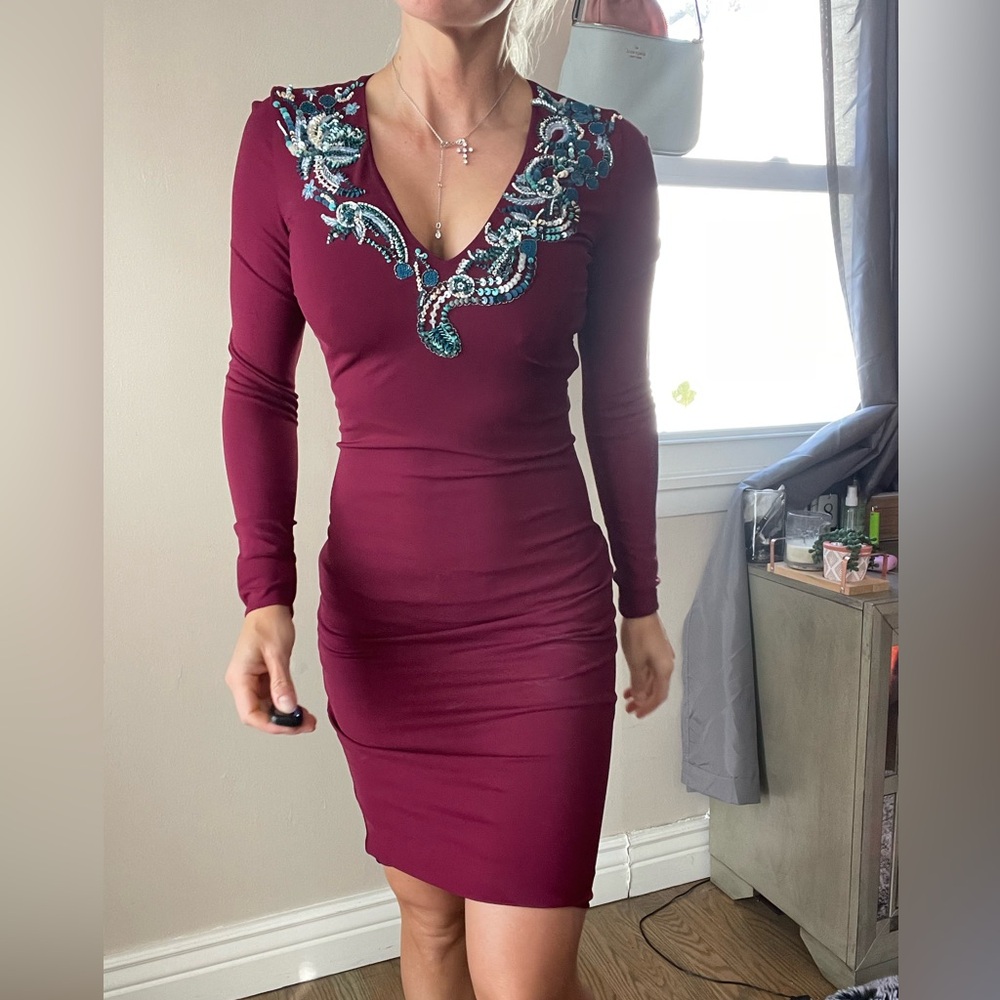 Roberto Cavalli Burgundy Dress with Blue Embellishments